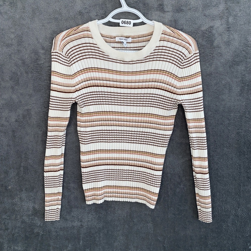 Nine West Women's Large Striped Stretch Ribbed Long Sleeve Top Y2K
